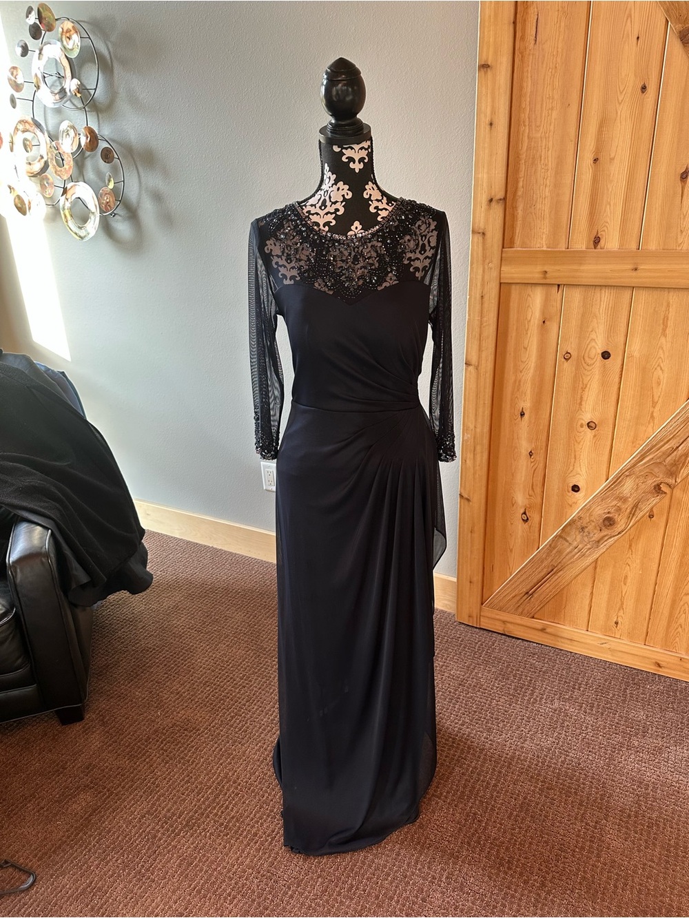 Alex Evenings Black Lace Illusion Neck Evening Gown